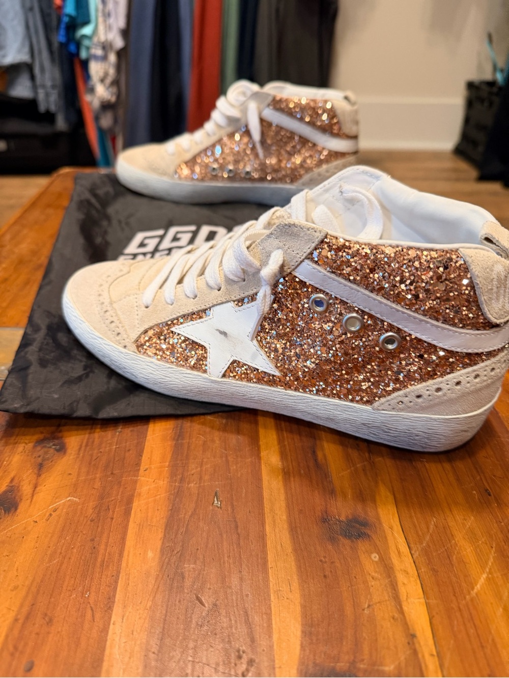 Golden Goose Mid-Top Glitter Sneakers in Rose Gold and White